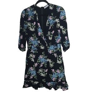 27 Miles Mailbu Black Floral V Neck Dress With Ruffle Trim Hem
